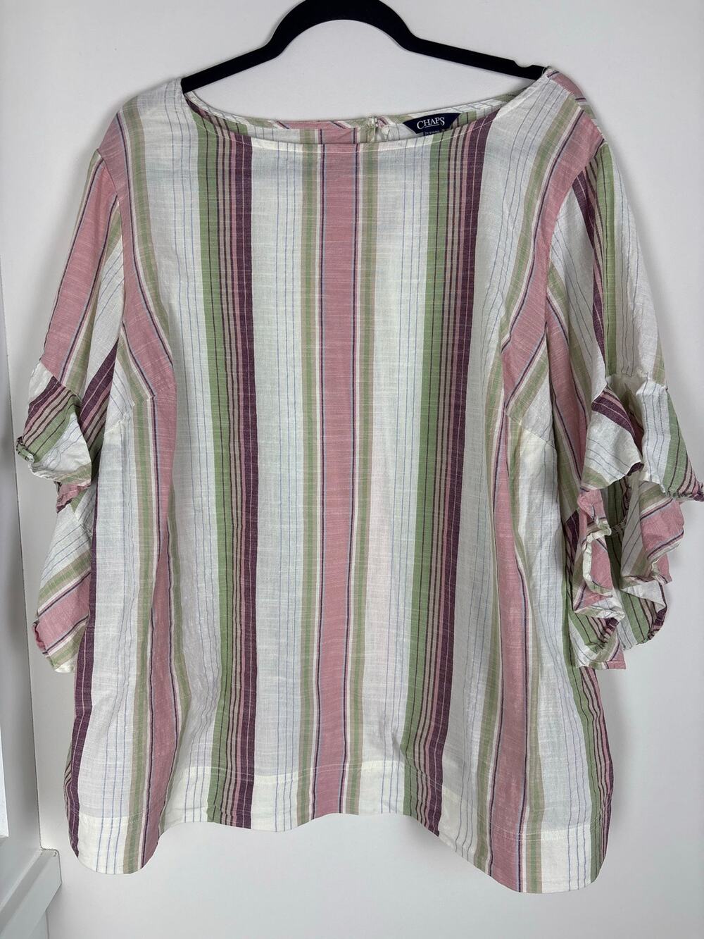Chaps Womens 2X Striped Ruffle Sleeve Blouse Pink Green Cream Plus Size Boho